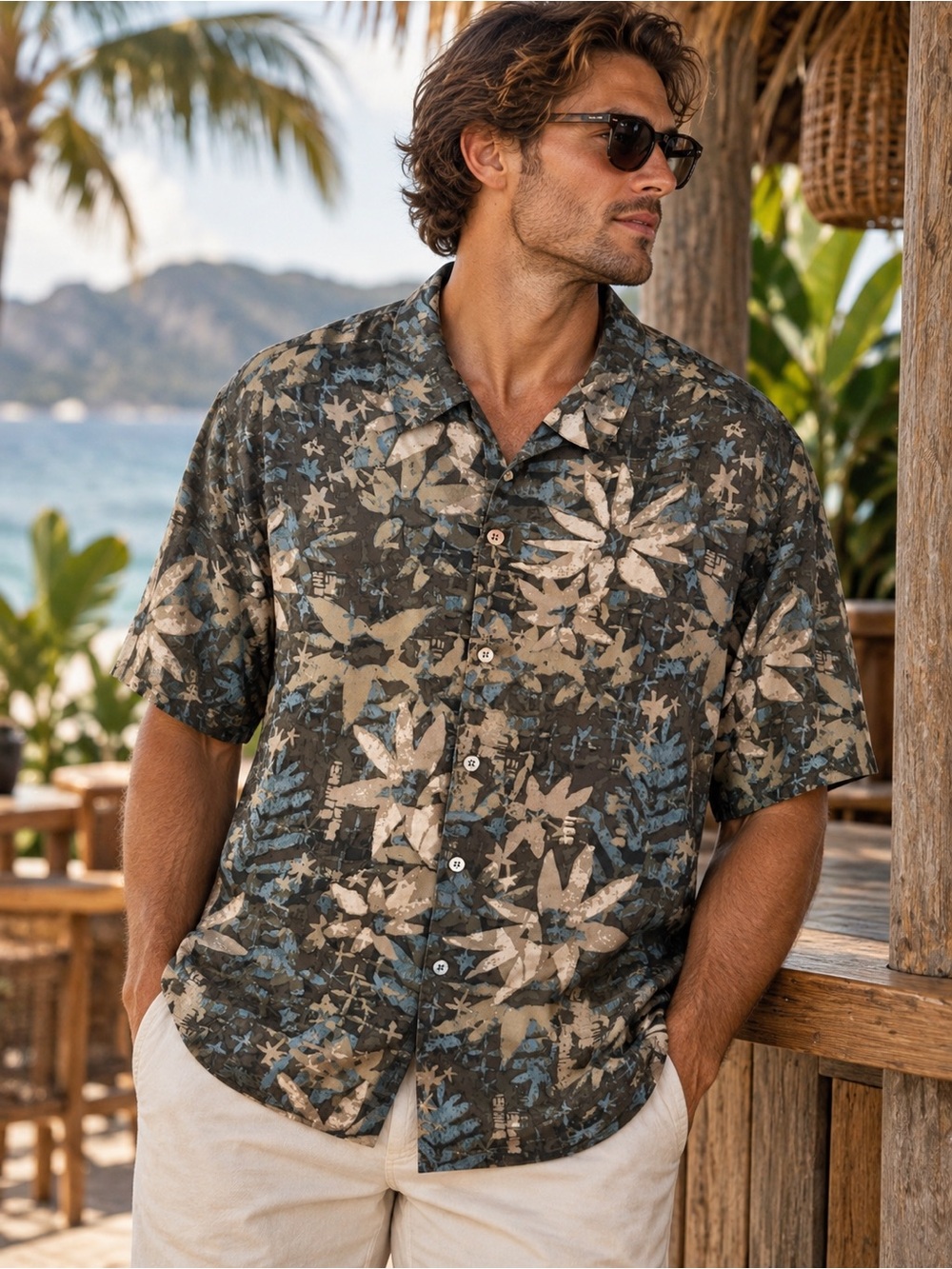 Brandini Pure Silk Men’s XXL Abstract Tropical Short Sleeve Button Up Shirt